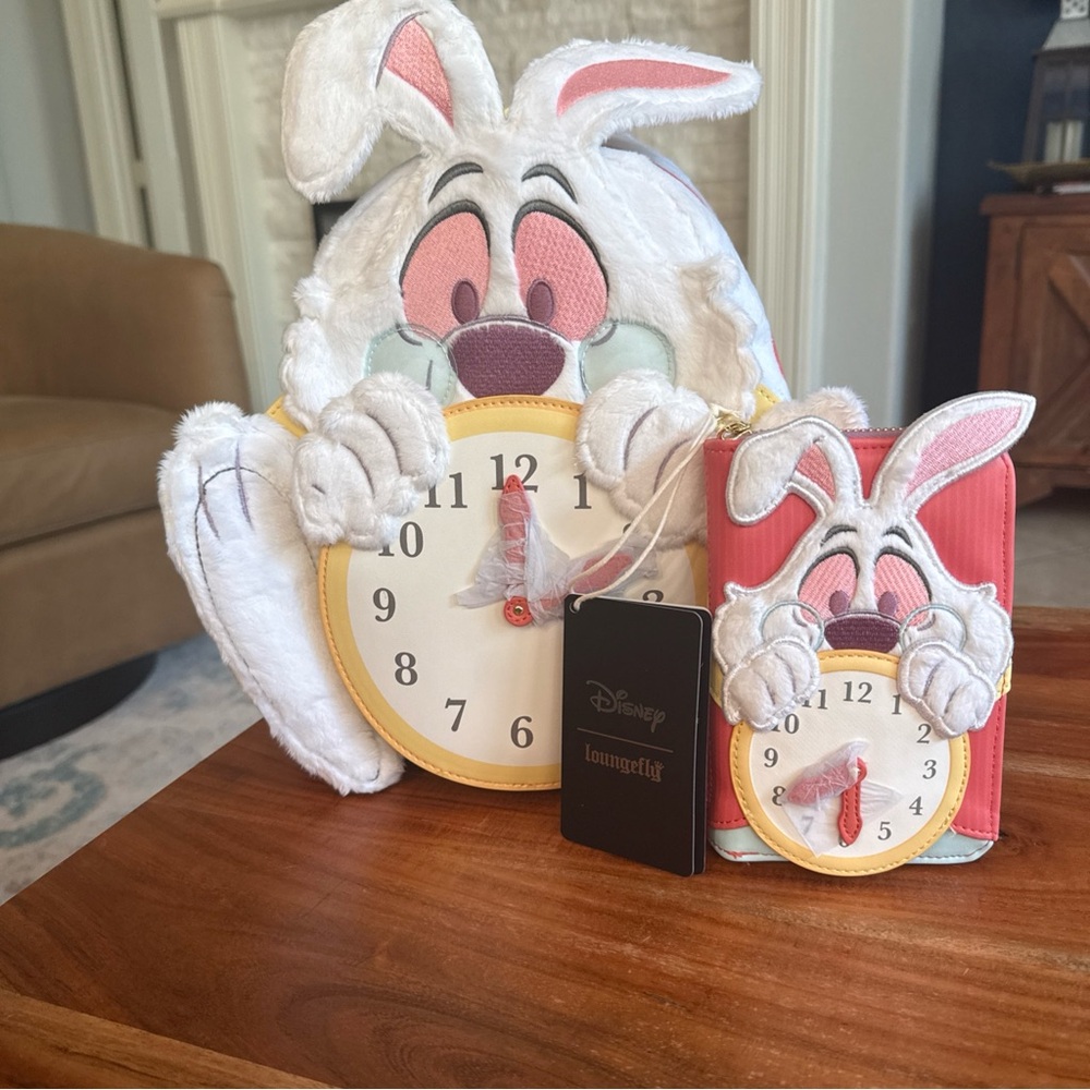 Loungefly White Rabbit Clock Backpack & Wallet Set in White, Pink, Yellow